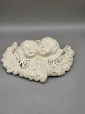 Vintage Ceramic Twin Cherub Angel Wings Replacement Lid Trinket Box Wall Plaque